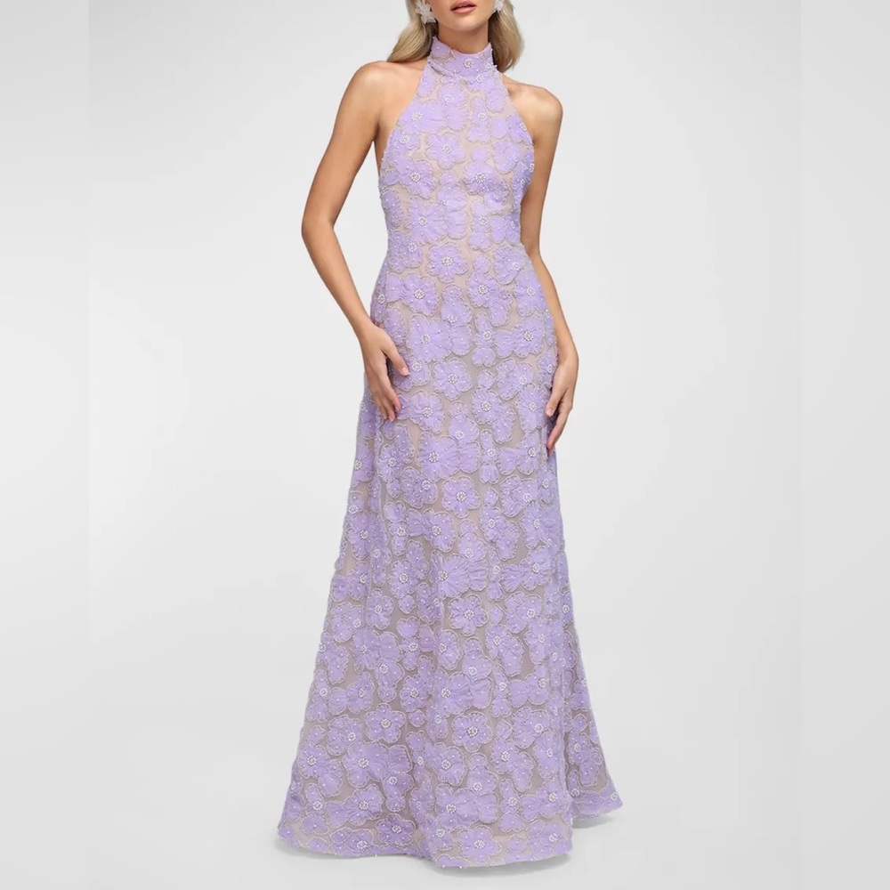 High-Neck Lavender Lace Maxi Dress